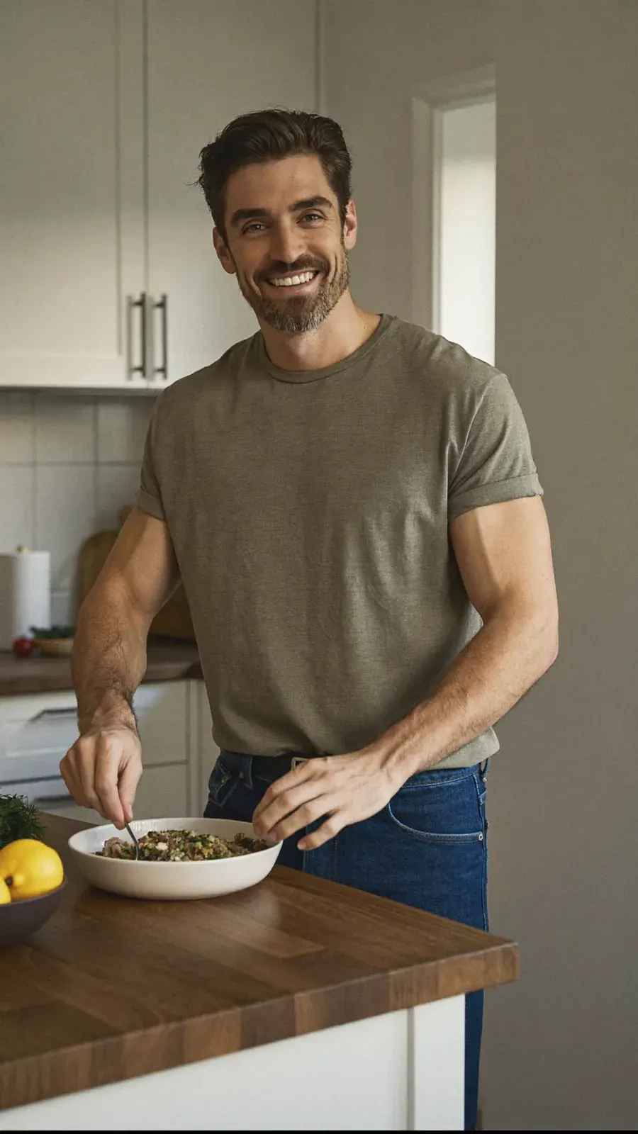 Man smiling over a bowl of food in his kitchen