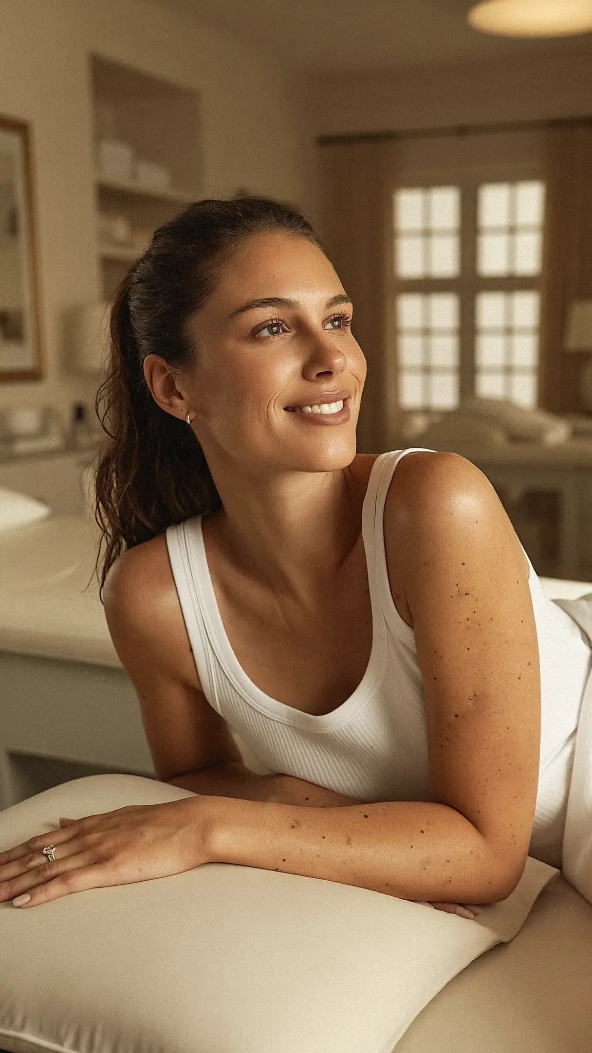 Woman smiling on a treatment bed